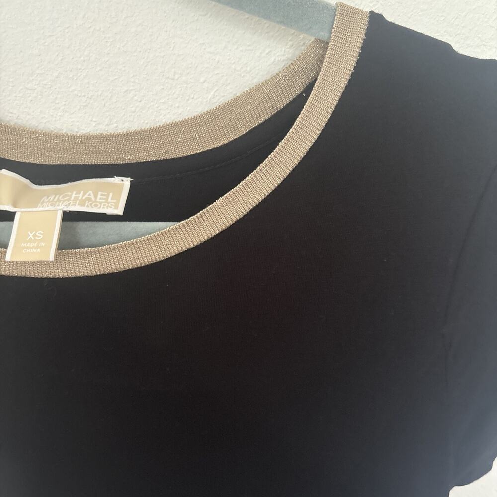 Michael Kors Black Maxi Dress XS Gold Trim Short Sleeve Slit - Picture 4 of 8
